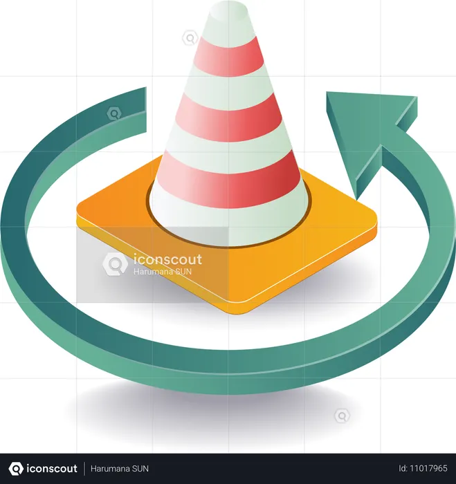 Cone de trânsito com símbolo de seta giratória  Ilustração