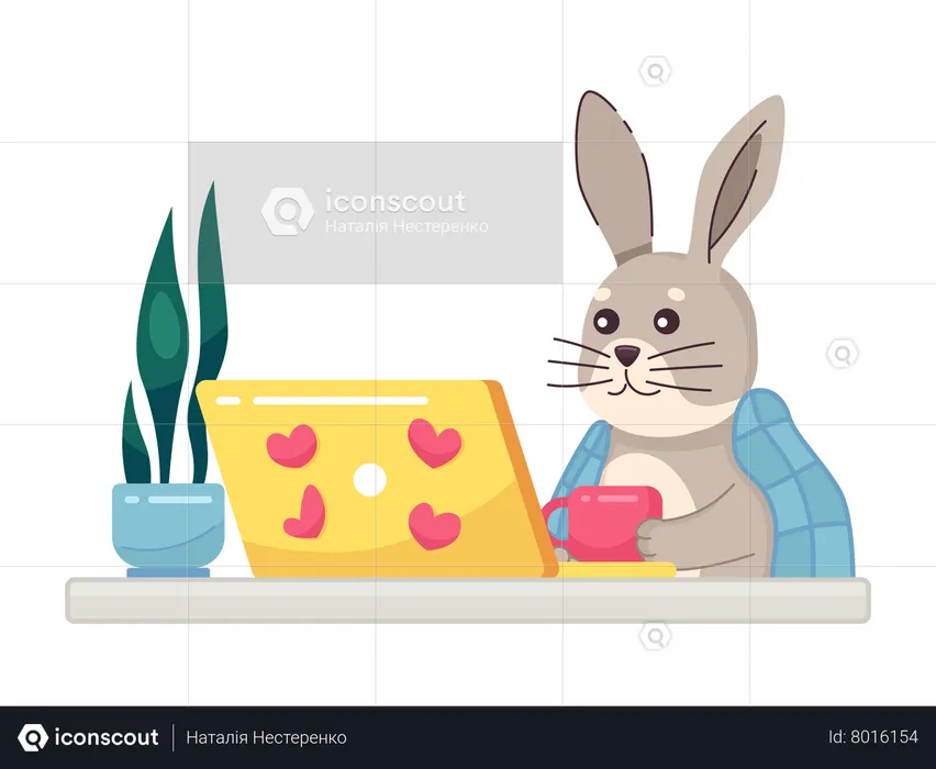 Conejo cubierto de manta mirando la computadora portátil  Ilustración