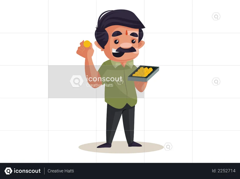 Confectioner holding Laddu sweet tray in hand  Illustration