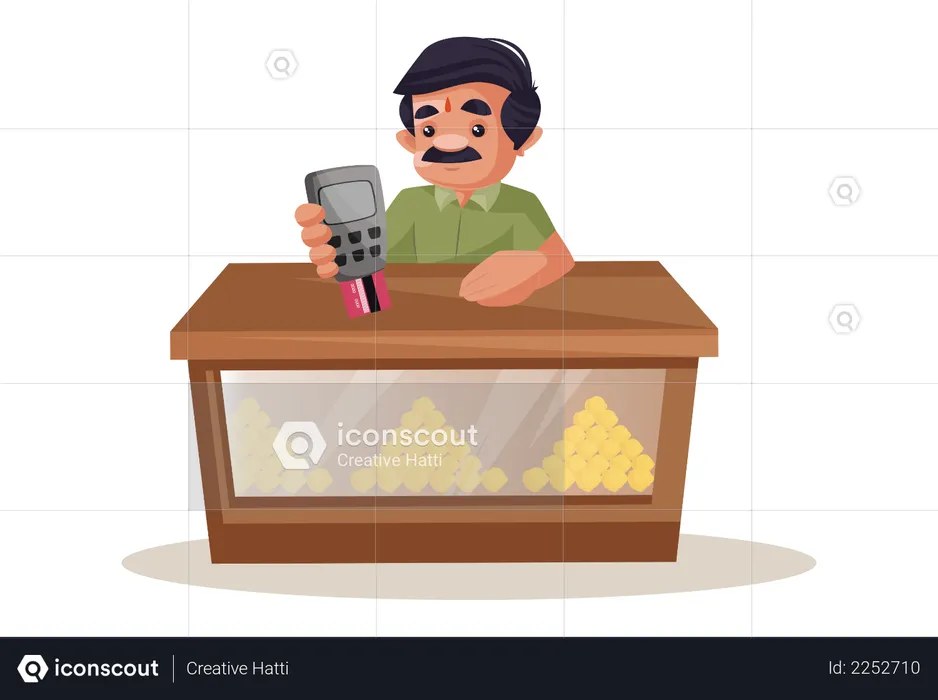 Confectioner holding swipe machine and card in hand for payments  Illustration