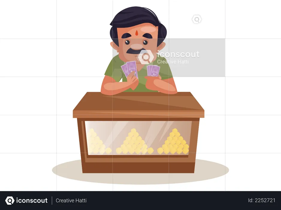 Confectioner is counting money on desk  Illustration