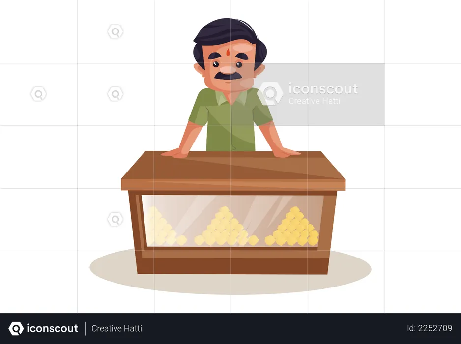 Confectioner is standing on counter stall  Illustration