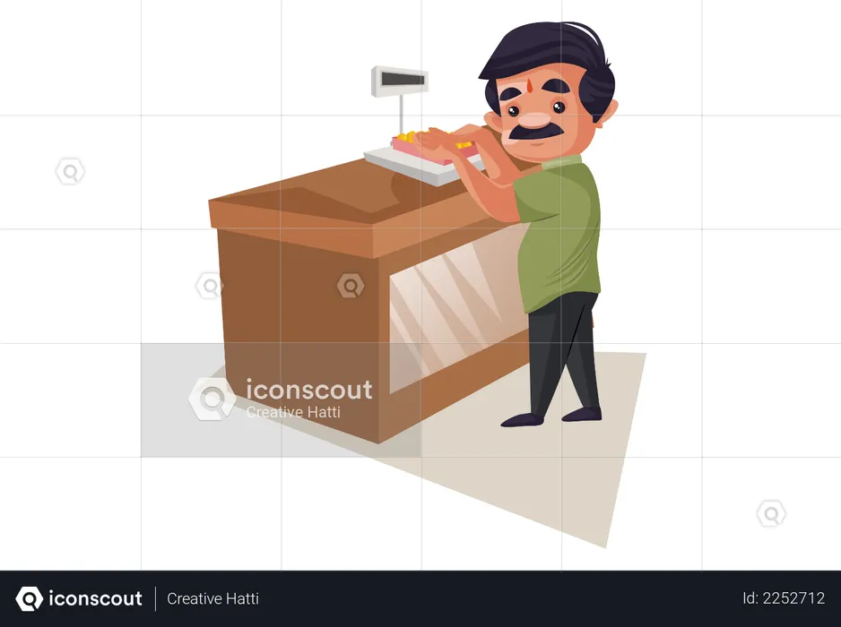 Confectioner is weighing sweets on the machine  Illustration