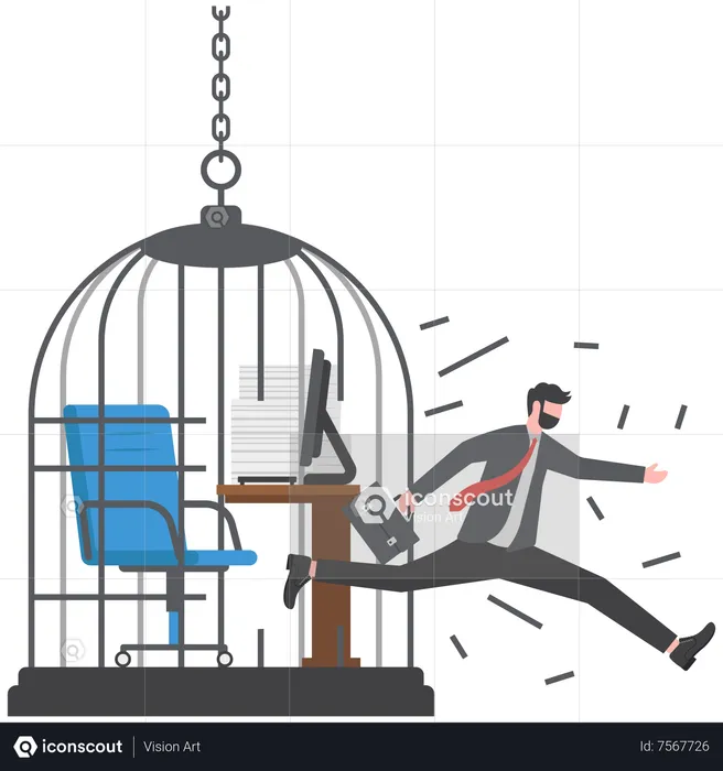 Un homme d'affaires en confiance se libère d'une cage à oiseaux toxique sur son bureau  Illustration