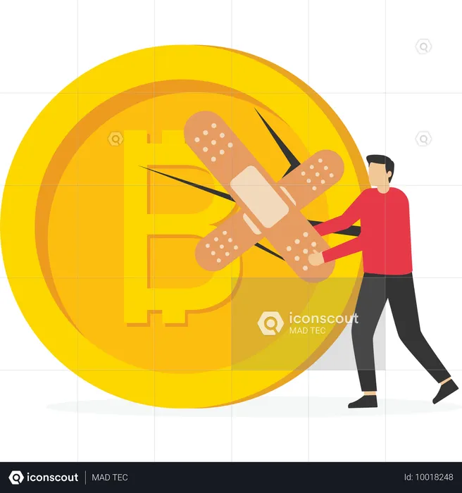 Confidence businessman investor with damaged cracked down Bitcoin bandage repair  Illustration