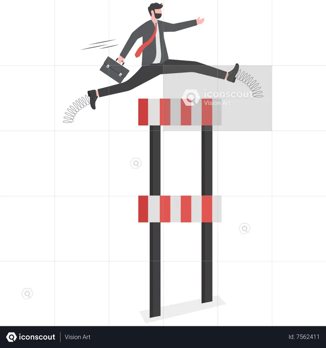 Confidence businessman jump across highest level of hurdles  Illustration