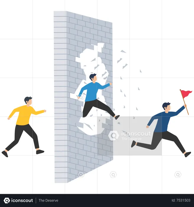 Confidence businessman jump to breakthrough the wall for freedom  Illustration