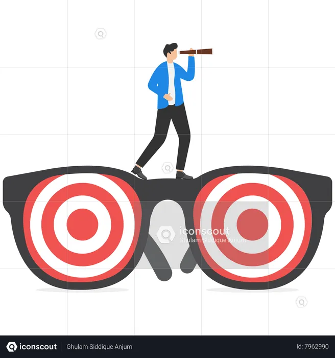 Confidence businessman leader on flying high paper plane looking forward through telescope  Illustration