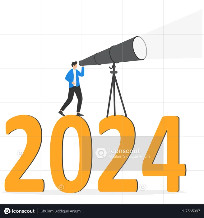 Confidence businessman look through telescope on year 2023  Illustration