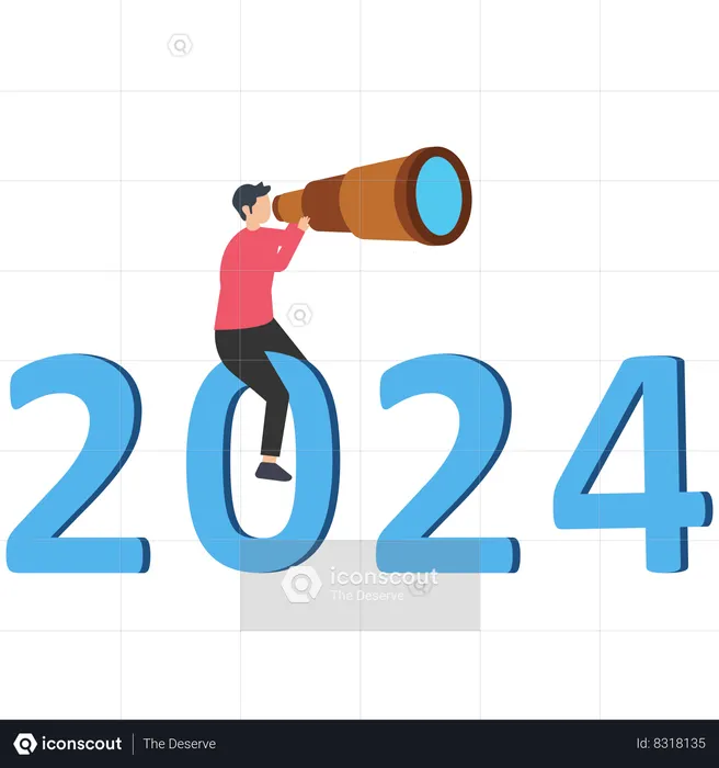 Confidence businessman look through telescope on year 2024  Illustration