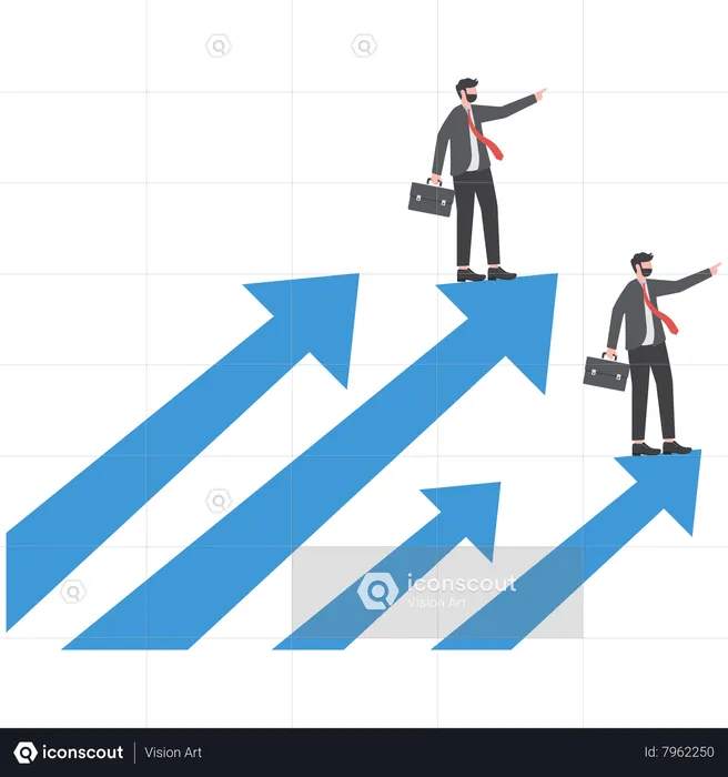 Confidence businessman standing on growing arrows pointing up in the sky next target  Illustration