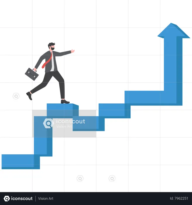 Confidence businessman step walking up stair of success with rising up arrow  Illustration