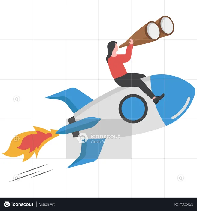 Confidence businesswoman riding rocket with telescope  Illustration