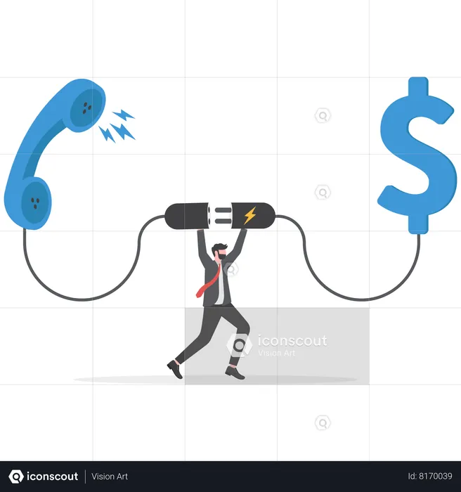 Confidence salesman standing with telephone connected to money dollar  Illustration
