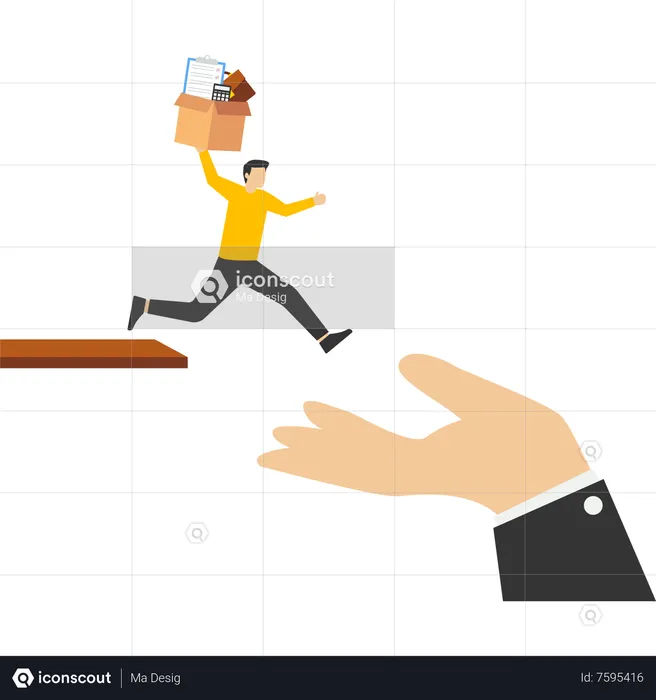 Confident brave businessman carrying stuff running away jumping from cliff to help giant hand  Illustration