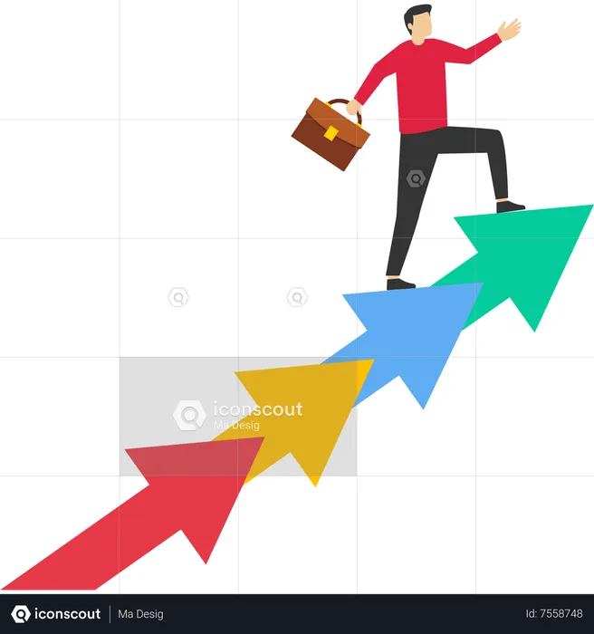 Confident businessman climbing the ladder of growth arrows  Illustration