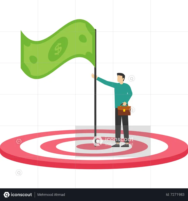 Confident businessman holding winner flag over dollar money target  Illustration