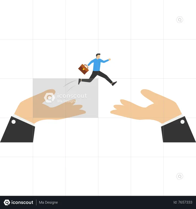 Confident businessman jumping from giant hands to new place  Illustration