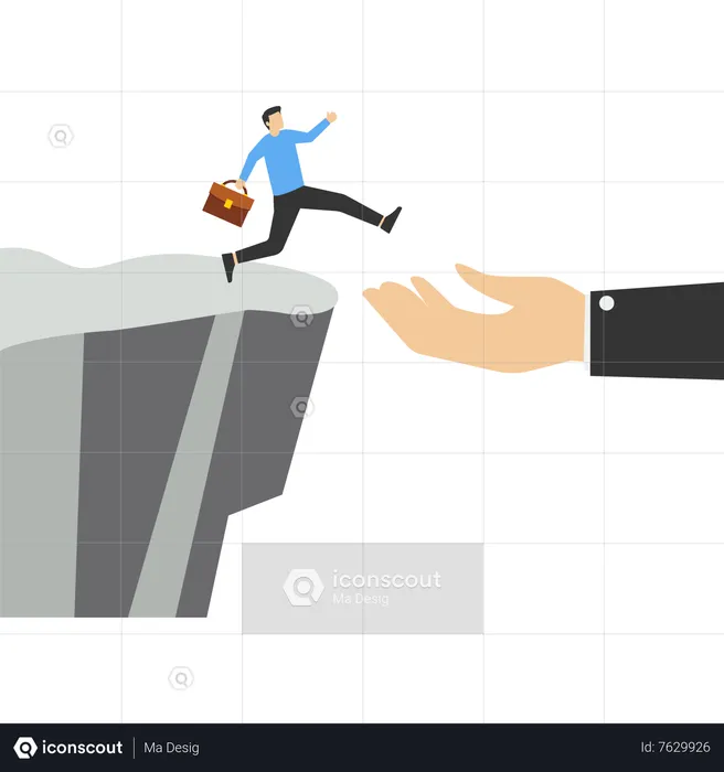 Confident businessman jumps from helping giant hand to reach cliff target  Illustration