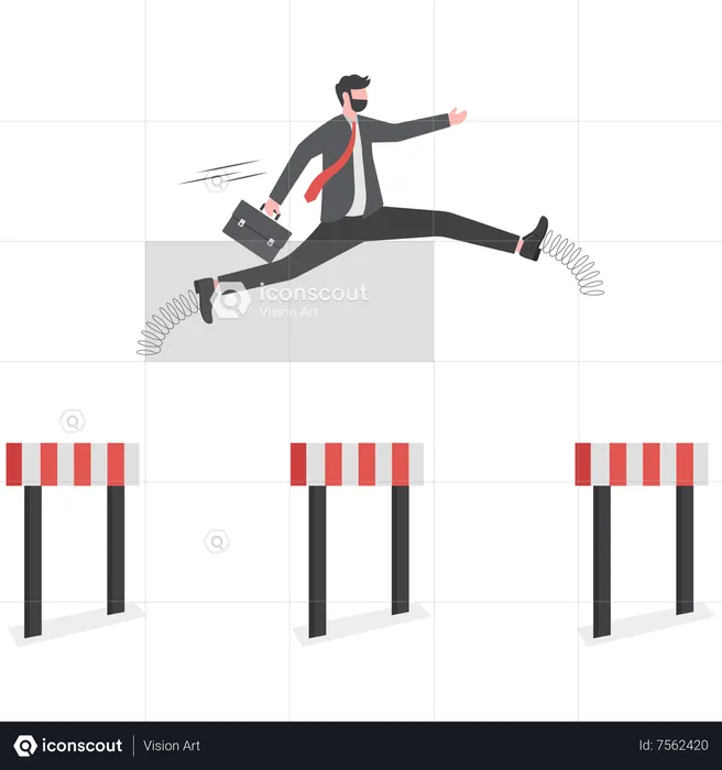 Confident businessman leader jump high over hurdles to be winner  Illustration