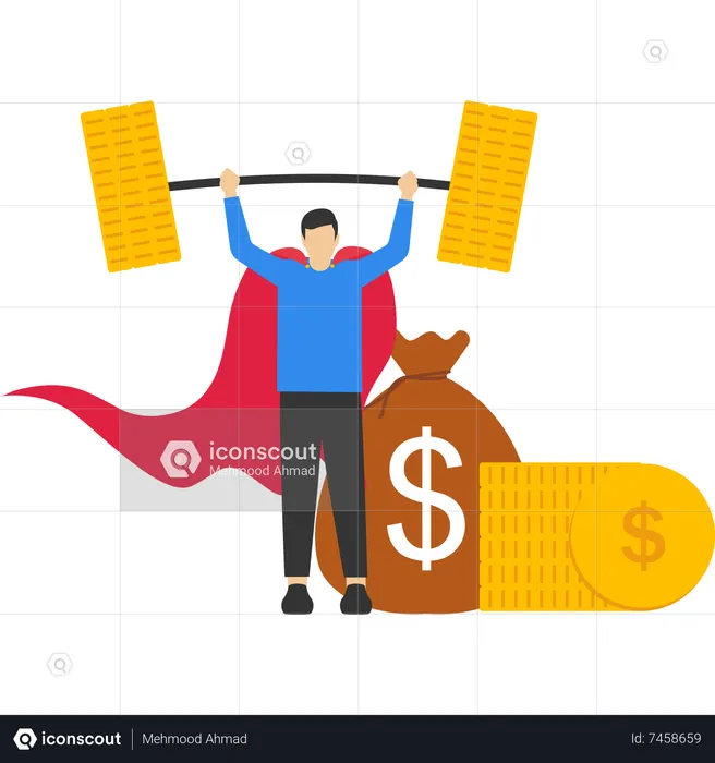 Confident businessman superhero holding up big money coins.  Illustration