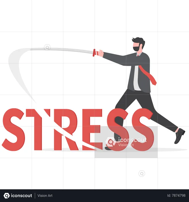 Confident businessman uses sword to fight stress  Illustration