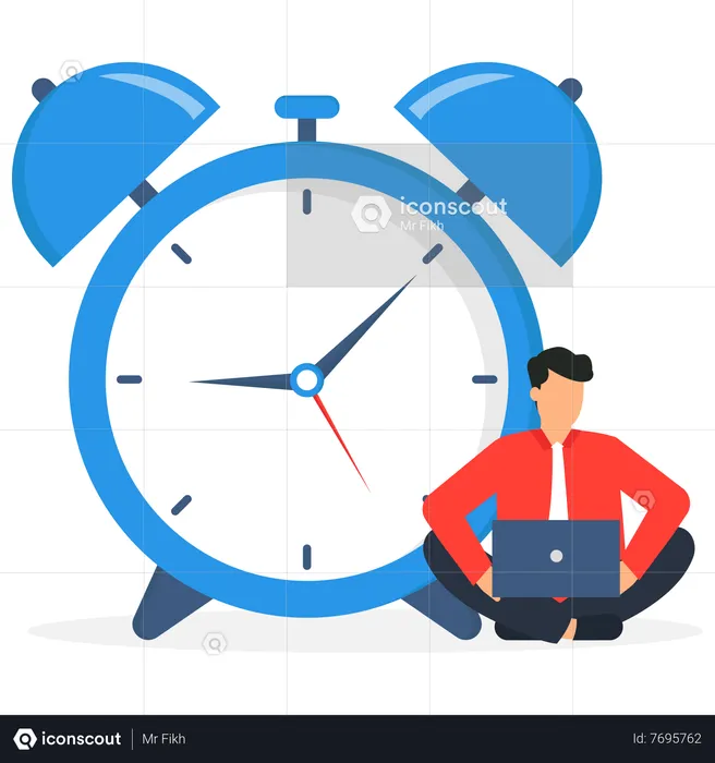 Confident businessman using computer laptop sitting near the clock working at night with colleague in other country  Illustration