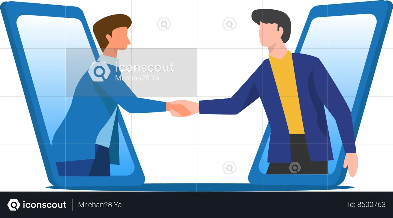 Confident businessmen join hands to conduct business together through the application  Illustration