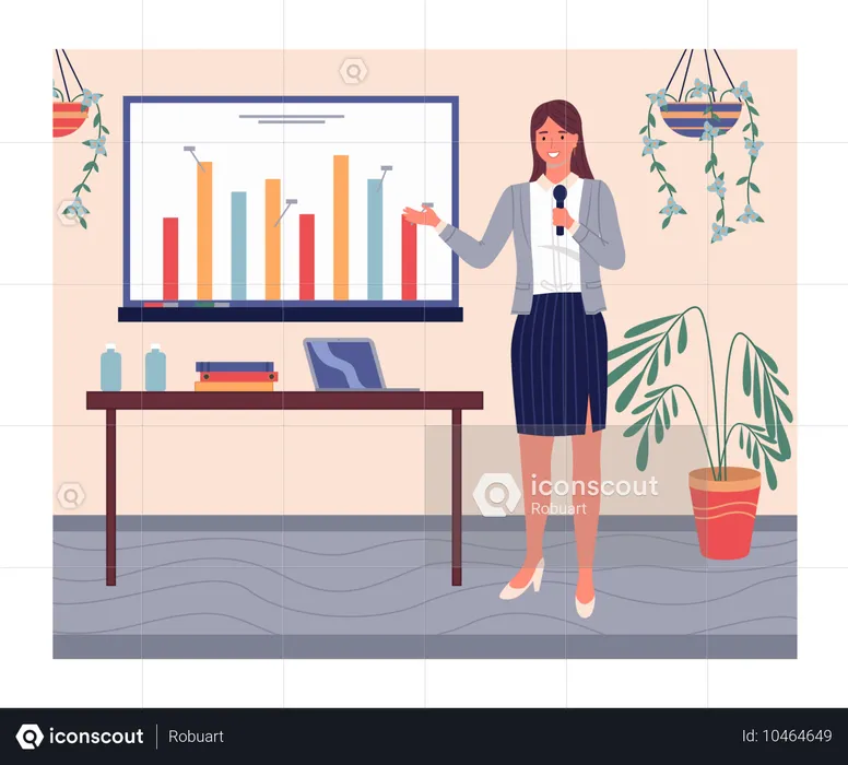 Confident businesswoman with microphone show presentation with graphics analytic at digital board  Illustration