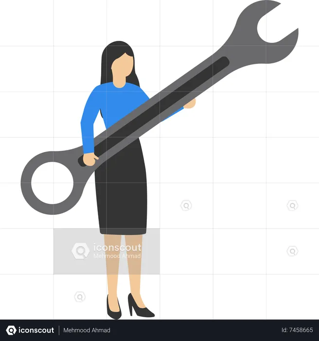 Confident businesswomen holding big wrench  Illustration