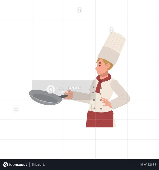Confident chef woman holding pan  Illustration