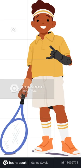 Confident Child With Prosthetic Arm Stands Ready To Play Tennis  Illustration