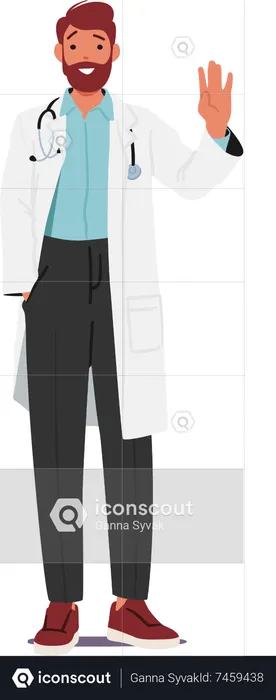 Confident Male Doctor Wear Lab Coat and Waving Hand Gesture  Illustration