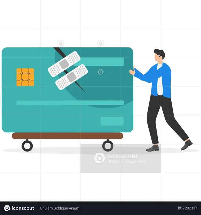 Confident man stands with a fixed and repaired credit card with bandage  Illustration