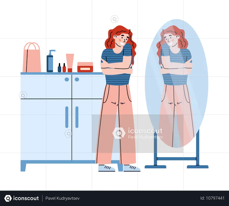 Confident self-assured young woman with mirror  Illustration