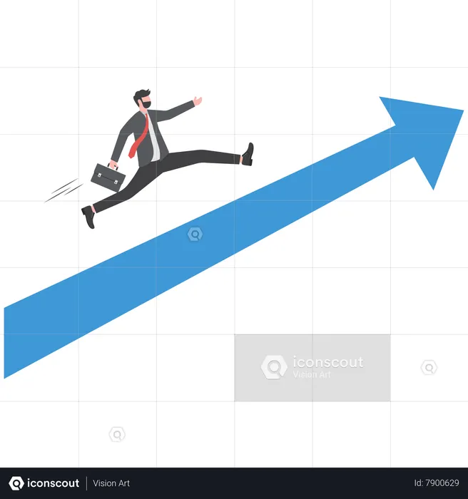 Confident smart businessman in suit with briefcase running on rising arrow to the sky  Illustration