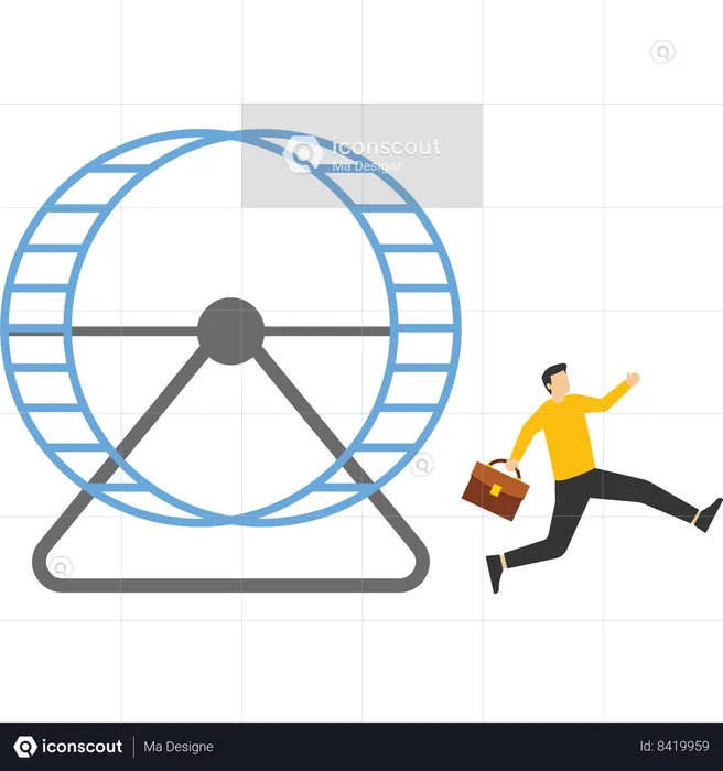 Confident smart businessman running from opening exit door from trapped rat race wheel.  Illustration