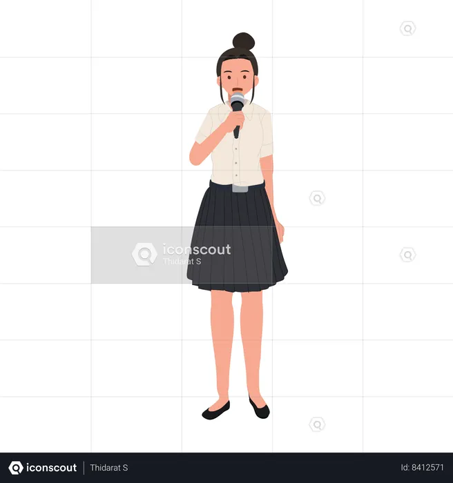 Confident Thai university Student in uniform is Giving a Campus Speech by microphone  Illustration