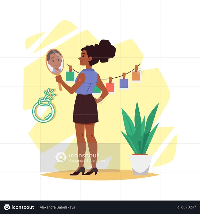 Confident woman looking in mirror  Illustration