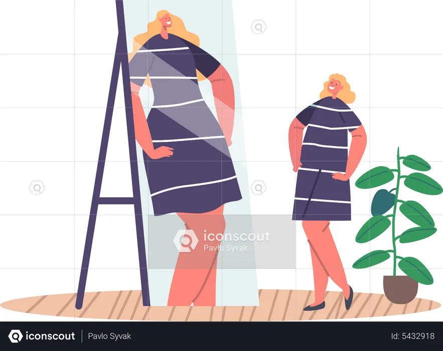 Confident Woman With Distorted Self-perception Looking In Mirror  Illustration