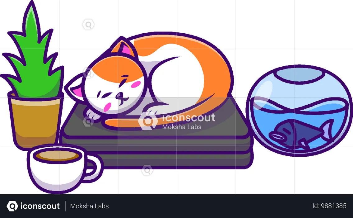 Configuration du chat endormi et de l'ordinateur portable  Illustration