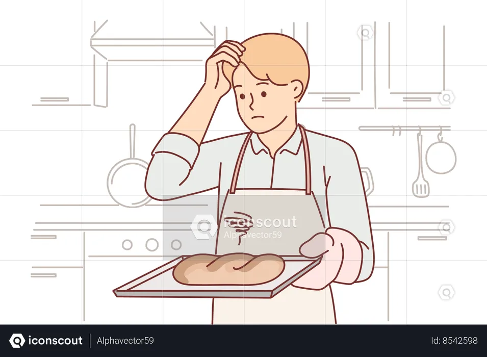 Confused baker holds tray with spoiled bread  Illustration