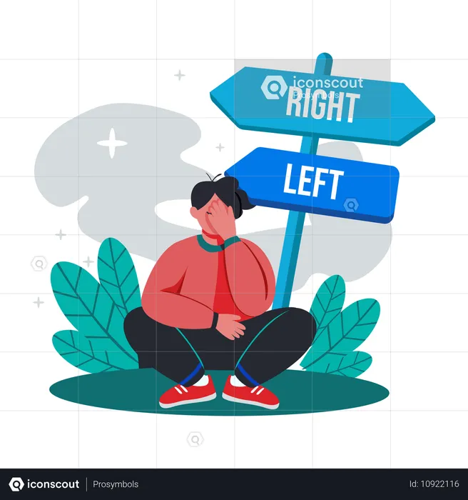 Confused boy sitting near directional board  Illustration