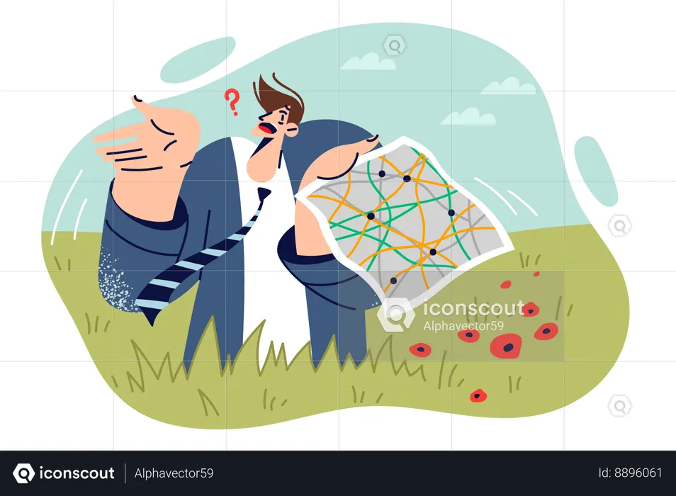 Confused business man stands on field with map of area and spreads arms not knowing where to go  Illustration
