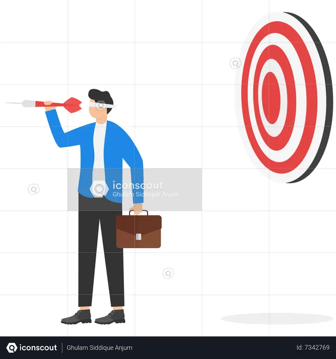 Confused businessman blindfold throwing dart  Illustration