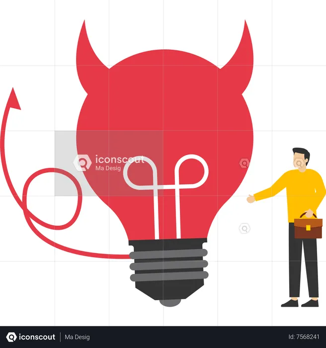 Confused businessman looking at devil light bulb doubting this bad idea  Illustration