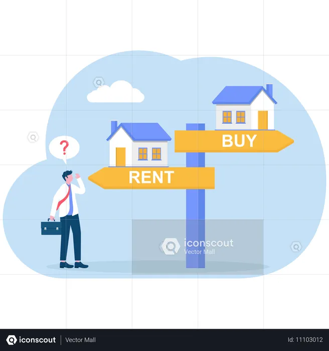 Confused businessman making decision to buy or rent  Illustration