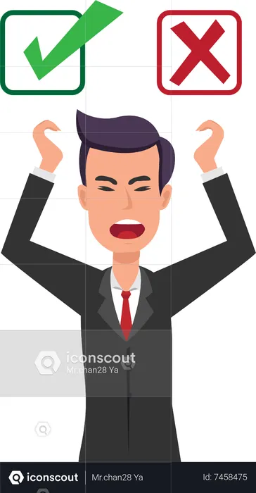 Confused businessman standing between accept and reject buttons  Illustration