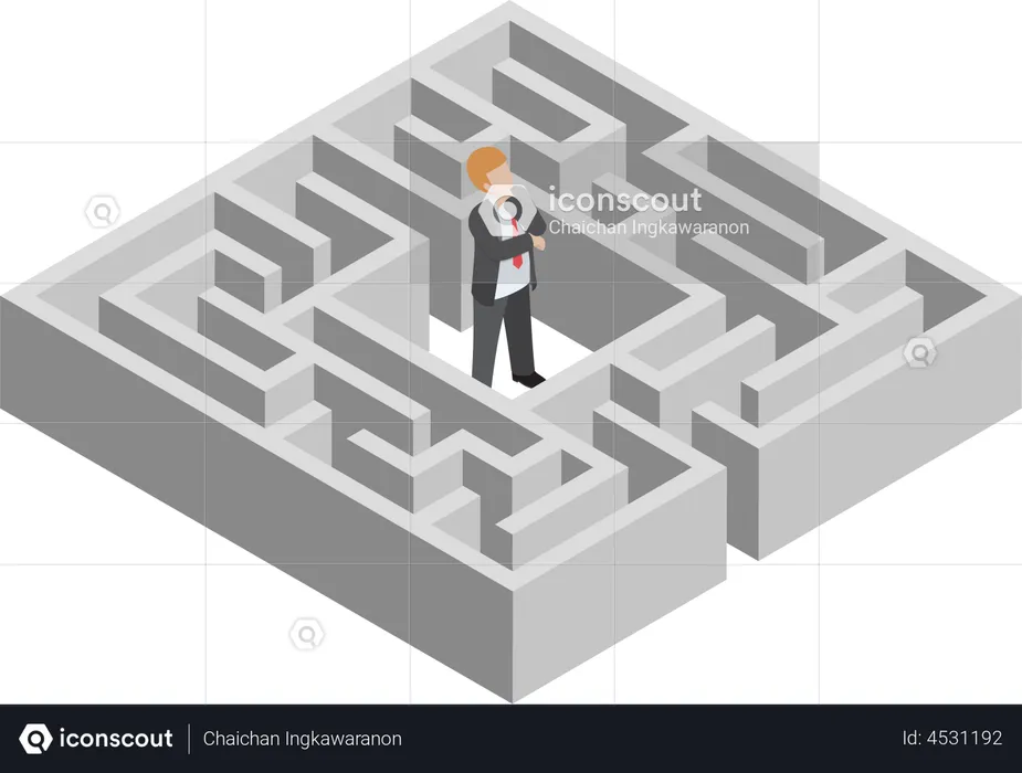 Confused businessman stuck in a maze  Illustration