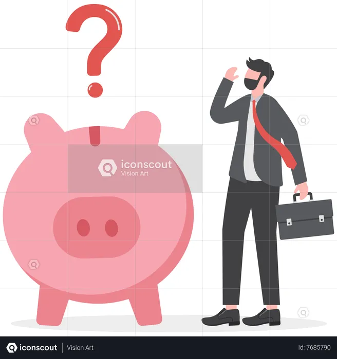 Confused businessman with piggybank and question marks  Illustration